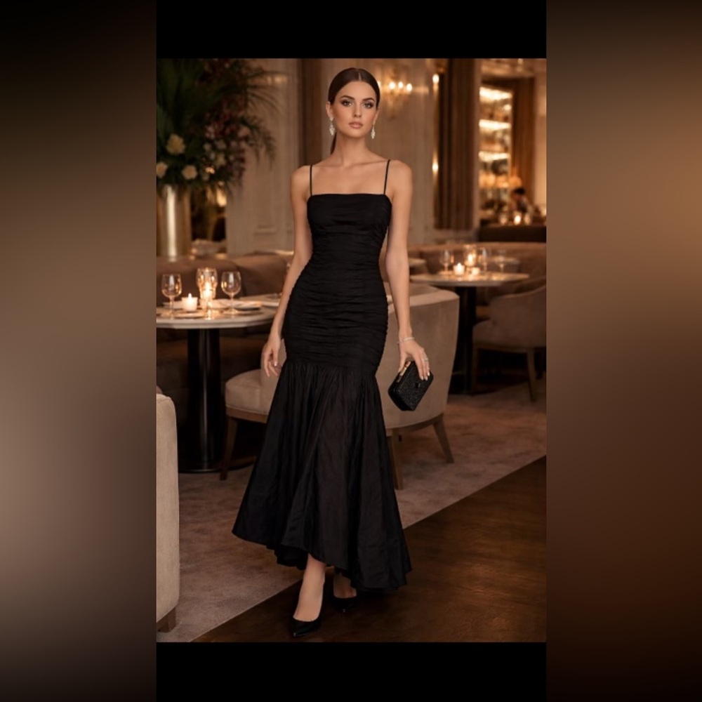 Gunne Sax vintage 1980 nBlack Ruched Spaghetti-Strap Mermaid Maxi Dress